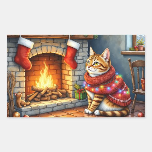 Abyssinian Cat Sitting by Fireplace with Christmas 長方形シール (正面)