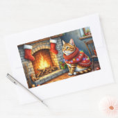 Abyssinian Cat Sitting by Fireplace with Christmas 長方形シール (封筒)