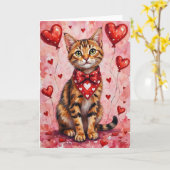 Abyssinian Cat Valentine Sitting with Hearts Red カード (黄色い花)