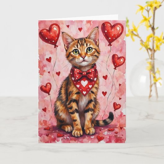 Abyssinian Cat Valentine Sitting with Hearts Red カード (黄色い花)