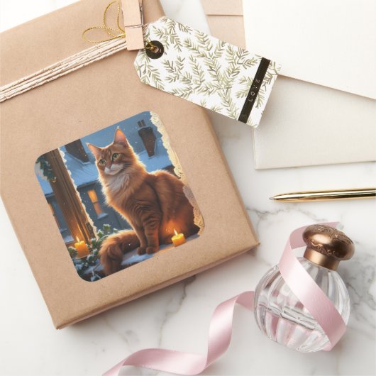 Abyssinian Cat With Christmas Lights Holiday スクエアシール (ギフト)