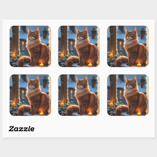 Abyssinian Cat With Christmas Lights Holiday スクエアシール (シート)