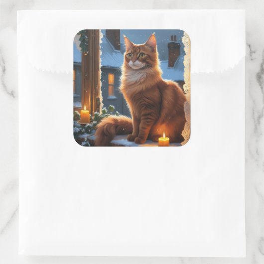 Abyssinian Cat With Christmas Lights Holiday スクエアシール (バッグ)