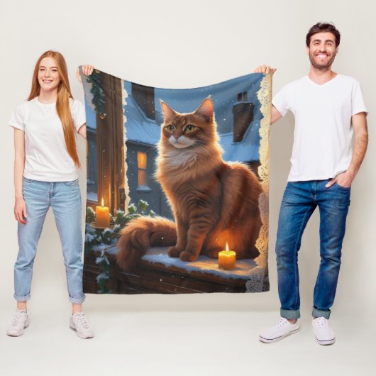 Abyssinian Cat With Christmas Lights Holiday フリースブランケット (インサイチュ)