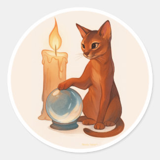 Abyssinian cat with silver crystal ball ラウンドシール