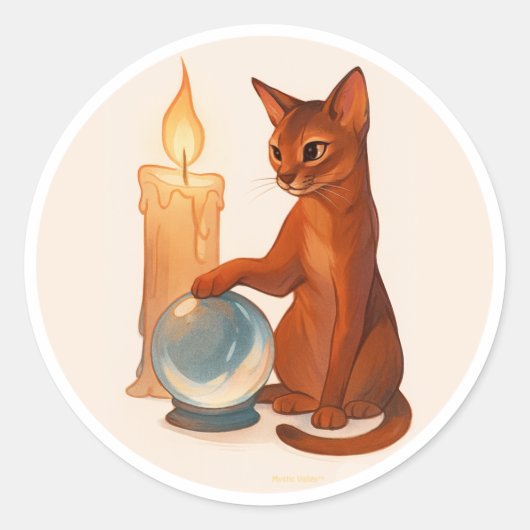 Abyssinian cat with silver crystal ball ラウンドシール (正面)