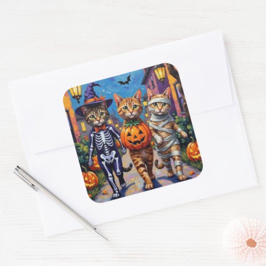 Abyssinian Cats Trick-or-Treating in Halloween Cos スクエアシール (封筒)