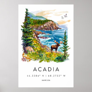 Acadia Watercolor Vintage Travel Poster Ski ポスター