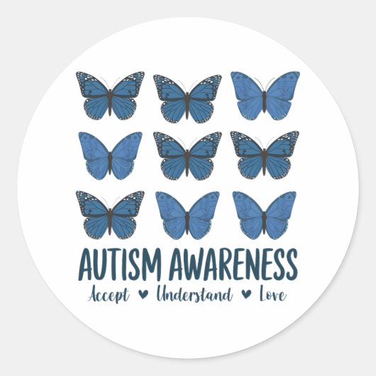 Accept Understand Love Autism Awareness Butterfly ラウンドシール (正面)