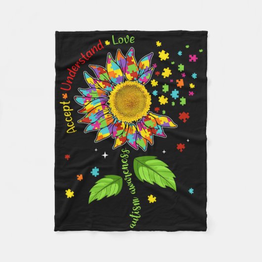 Accept Understand Love Autism Awareness Sunflower フリースブランケット (正面)