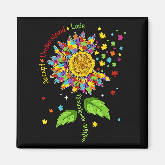Accept Understand Love Autism Awareness Sunflower マグネット (正面)