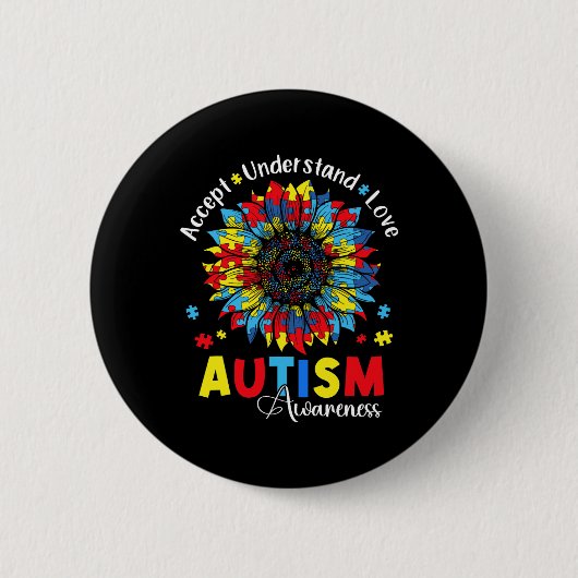Accept Understand Love Autism Awareness Sunflower 缶バッジ (正面)