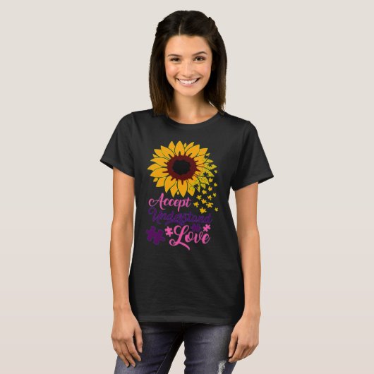 Accept Understand Love Autism Support Sunflower Tシャツ (正面フル)