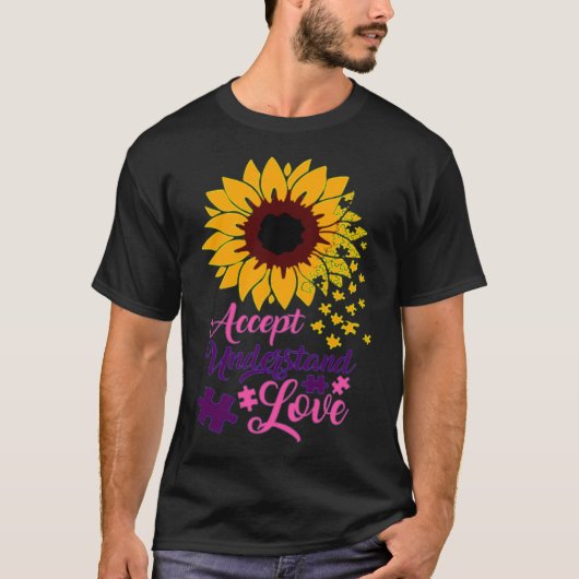 Accept Understand Love Autism Support Sunflower Tシャツ (正面)