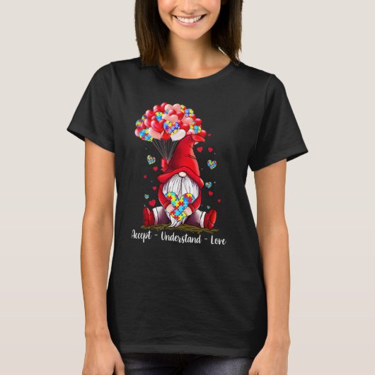 Accept Understand Love Gnome Valentine Autism Awar Tシャツ (正面)