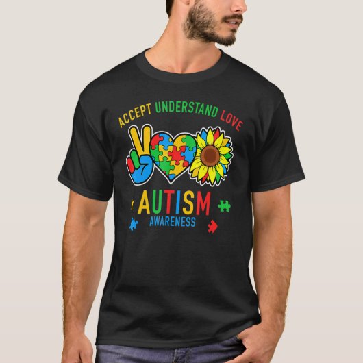 Accept Understand Love Sunflower Everybody Autism  Tシャツ (正面)