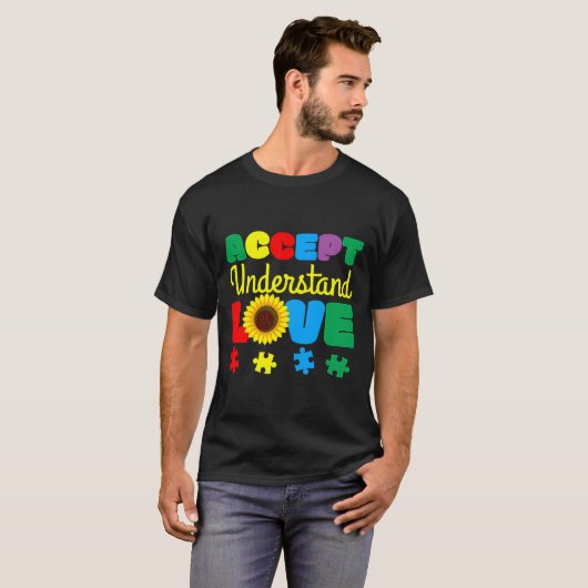 Accept Understand Love Sunflower Puzzle Autism Awa Tシャツ (正面フル)