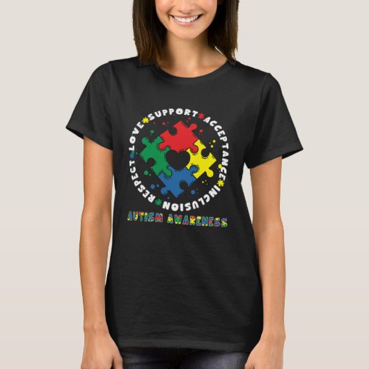 Acceptance Inclusion Respect Love Support Autism A Tシャツ (正面)