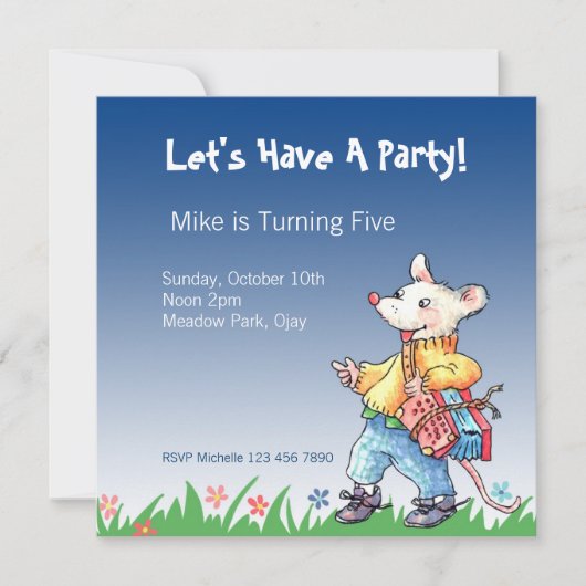 Accordeonの青い招待状を持つ小さいラット… 招待状 (正面)