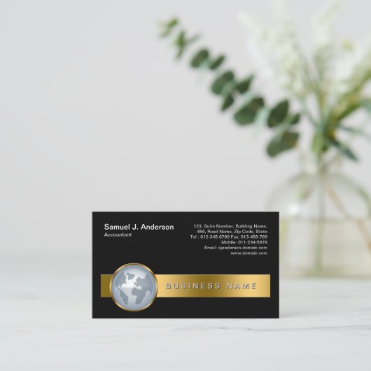 Accountant Finance Services金ゴールドストライプグローブアイコン 名刺 (スタンド正面)