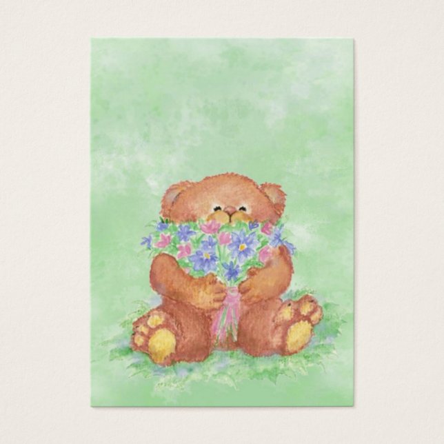 ACEO ATCテディベアブーケフラワーウォーター色 (正面)