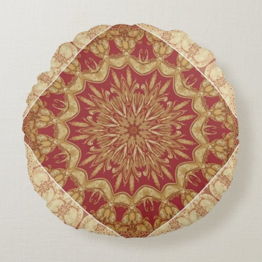 Achempong Designer Golden Red Ornate Accent Cushio ラウンドクッション (正面)