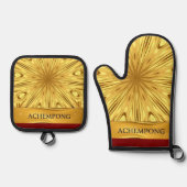 Achempong Designer Kitchen Set: Opulent Swirl Gold 鍋つかみ&鍋敷きセット (正面)