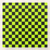 Acid green black checkerboard pattern ガラスコースター (正面)