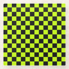 Acid green black checkerboard pattern ガラスコースター
