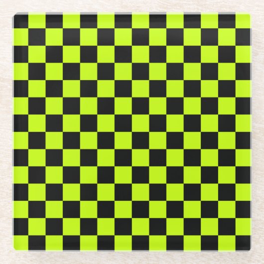 Acid green black checkerboard pattern ガラスコースター (正面)