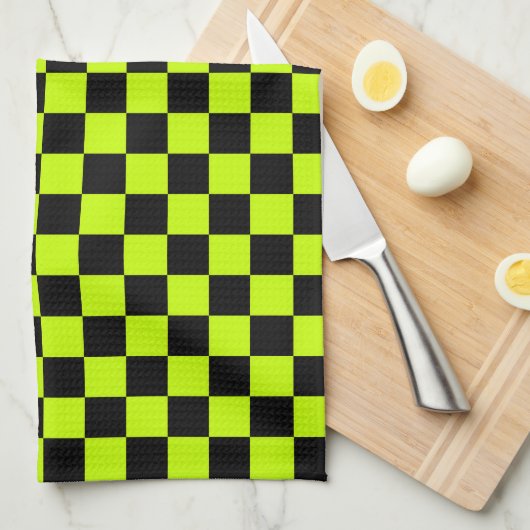 Acid green black checkerboard pattern キッチンタオル (四つ折り)