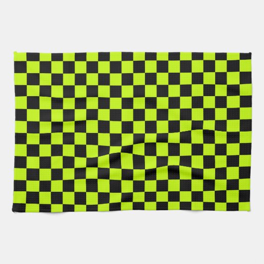 Acid green black checkerboard pattern キッチンタオル (横)