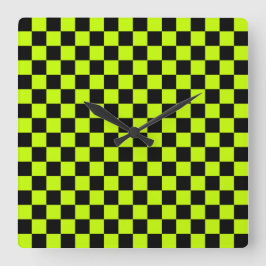 Acid green black checkerboard pattern スクエア壁時計