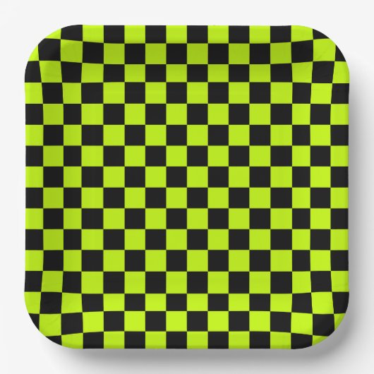 Acid green black checkerboard pattern ペーパープレート (正面)
