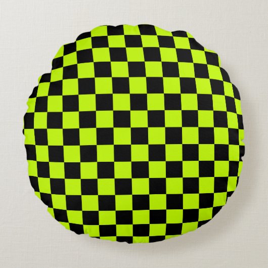 Acid green black checkerboard pattern ラウンドクッション (正面)