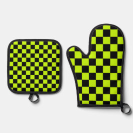 Acid green black checkerboard pattern 鍋つかみ&鍋敷きセット