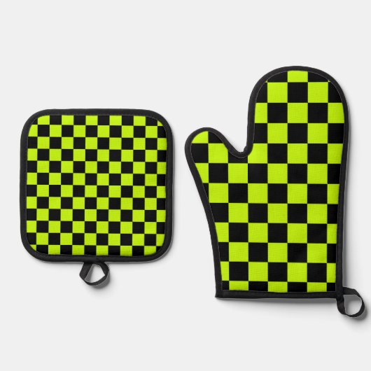 Acid green black checkerboard pattern 鍋つかみ&鍋敷きセット (正面)