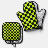 Acid green black checkerboard pattern 鍋つかみ&鍋敷きセット (正面/裏面)