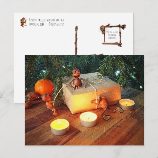 Acorn elves unpacking Christmas gift box ポストカード (正面/裏面)
