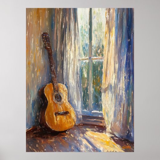 Acoustic Guitar by Sunlit Window - Impressionist ポスター (正面)