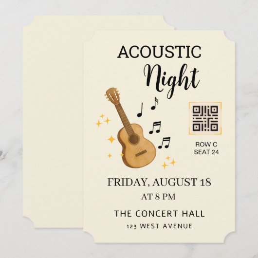 Acoustic Music Event Ticket Pass with QR Code 招待状 (正面/裏面)