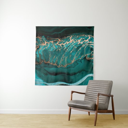 Acril Fluid Art.濃い緑の波(抽象芸術OC) タペストリー (インサイチュ(横))