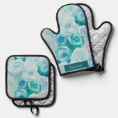 Acryl Rosen in Blau Türkis Farben  鍋つかみ&鍋敷きセット (正面/裏面)