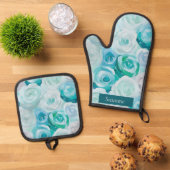 Acryl Rosen in Blau Türkis Farben  鍋つかみ&鍋敷きセット (トップダウン)