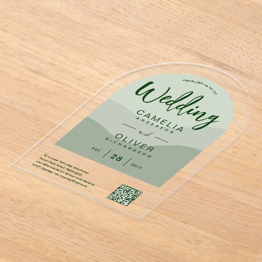 ACRYLIC'結婚's Olive Green QR Code RSVP Website アクリル招待状 (レイダウン)