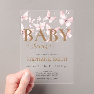 Acrylic baby shower pink butterflies invitation アクリル招待状
