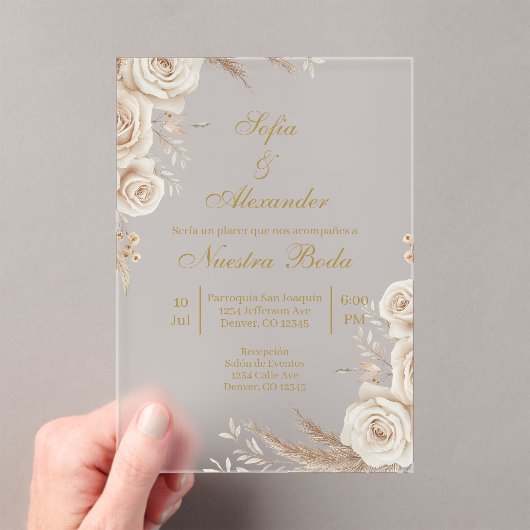 Acrylic Beige Boho floral Spanish Wedding アクリル招待状 (インサイチュ (ポータブル))