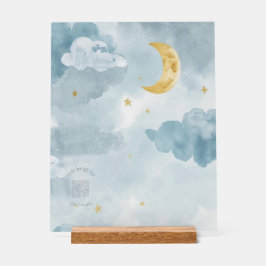 Acrylic Block – Blue Watercolor Moon with QR Code アクリルサイン