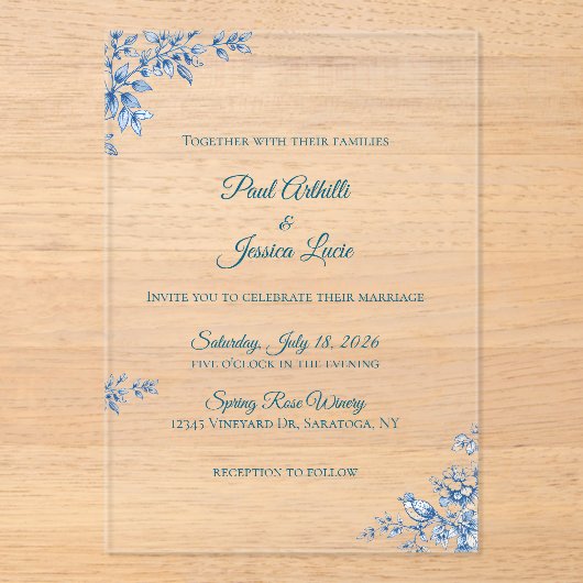 Acrylic Blue and White Floral Wedding Invitation アクリル招待状 (正面)