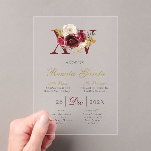 Acrylic Burgundy floral quinceañera invitation アクリル招待状 (インサイチュ (ポータブル))